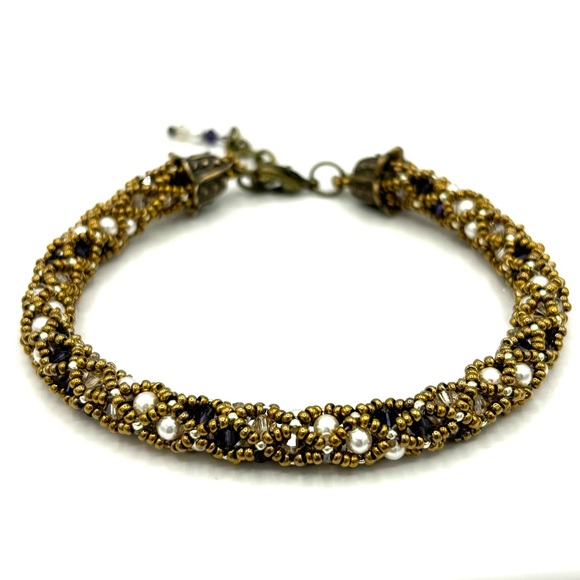 HAND CRAFTED Netted Crystal and Pearl Bracelet Bronze - Picture 1 of 8